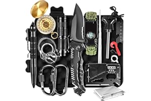 BACROOM Survival Kit 14 in 1, Professionelles Notfall Survival Kit mit Klappmesser, Taschenlampe, Survival Ausrüstung für Outdoor Camping, Abenteuer, Wandern, Jagen, Angeln, Männer, Väter