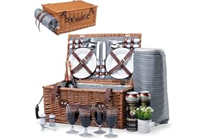 NUKIED Cesta de Picnic para 4 Juegos - Picnic de Mimbre con Gran Compartimento Aislado y Manta Impermeable y Kit de Servicio de Cubiertos Retro Clásico Sauce Picnic Cesta para Camping al Aire Libre Fiesta