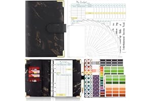 Onlyesh 31PCS Raccoglitore Documenti A6, 6 Fori Pelle PU Budget Planner con 12 Buste Trasparenti, Fogli di Budget & Etichette Adesive, Marmo Nero
