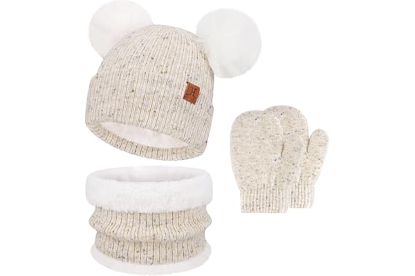 Enfants Bébés Hiver Bonnet Gants Tactiles Écharpe Ensemble Bonnet Pompon Moufles Cache-Cou avec Doublure Polaire pour 0-8 Ans Fille Garçon