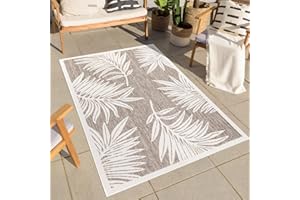 carpet city Teppich Outdoor Wetterfest - Beige - 160x230 cm - Palmen-Blätter - Balkon Teppich Wasserabweisend - In-& Outdoor Teppiche für Terrasse, Garten, Küche, Bad oder Wohnzimmer