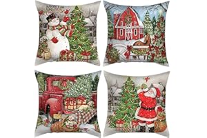 Irayin Funda de Almohada de Navidad, 4 Piezas Funda de Almohada Decorativa, Funda de Almohada Lino Cojines, Adecuado para Hogar, Jardín, Sofá, Decoración de Navidad(45 x 45 cm)