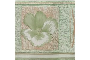 Dundee Deco BD2072 Tapeten-Bordüre mit hellgrünen Blumen in hellbraunen Quadraten im Used-Look, Tapetenbordüre Retro-Design, 10 m x 10 cm, selbstklebend