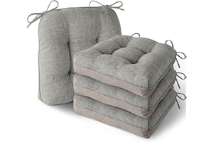 MineCozy Indoor Kitchen Chair Cushions Set of 4 Non Slip Tufted Chair Pads with Ties Thick Dining Room Dining Room Seat Cushions (40x40x10cm/16''x16''x4'') Light Grey