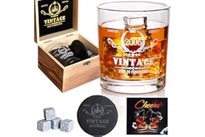 TECANNE 18th Birthday Gifts for Boys, Vintage 2005 Whiskey Glass Set - 18 Years Anniversary, Bday Gifts Ideas for Him, BoyFriend, Friends - Wood Box & Whiskey Stones & Coaster