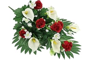 Flair Flower Grableger Grabschmuck mit künstlichen Rosen und Calla 48cm Aufleger Kunstblume Grabdeko Friedhofsgesteck Friedhofsdeko Trauerdeko Blüten Arrangement Blume Tischdeko Gesteck Seidenblumen