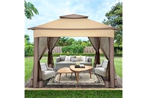 Tooluck Pavillon 3x3 Gartenpavillon Pop Up Faltpavillon Wasserdicht Stabil mit Moskitonetz Pavillon Faltbar Metallstreben Doppeldach für Terrasse, Garten, Hinterhof, UV-Schutz 50+, Braun