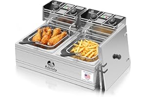KISEELY Friteuse 20L Electrique INOX, Friteuse Commerciale 3500 W avec paniers et couvercles, double cuve, avec contrôle de la durée et de la température (Friseur double 20L)