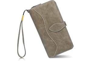 conisy portfel skórzany duży dla kobiet, ochrona RFID sprzęgła duży pojemnościowy długi portfel z 23 miejscami na karty i bransoletką, Szary, 19 x 10,5 x 3,5 cm, Nowoczesny