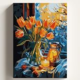 Sayılarla Boyama Tuval Hobi Seti LALELER VE GECE Temalı Fır&ccedil;a ve Boya Dahil Set (&Ccedil;ıtalı) 50X70 CM Kendin Yap Sayılarla Tuval 