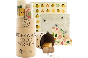 NATISSY Fogli Cera d Api per Alimenti; Set di 6 Beeswax Food Wrap in Cotone Biologico; Pellicola Cera dApi Wrap Naturale; Involucri di Cera dapi Lavabili; Fogli Cerati Riutilizzabili, Carta Cera dapi Alimenti