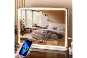 AOVQUOF Lusterko do makijażu ze światłami, 80 x 55 cm, duże lusterko kosmetyczne LED, 3 tryby oświetlenia, z USB i 10-krotnym zdejmowanym lustrem powiększającym, lustro ścienne, lustro ze światłami - białe