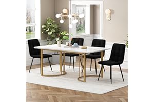 KUAKE Esstisch-Set mit 4 Stühlen 140x80 cm, Essgruppe mit 4 Stühlen aus Samt, Küchen-Esstisch für Zuhause & Familie, Gold Metall Tischbeine + 4 Schwarz Stühlen(Schwarz-A)