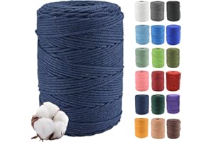 Klhamky Hilo Macrame 3mm x 500m, 100% Algodó Cordel Hilo Natural, Cuerda Macrame de Algodón Suave de 4 Hilos, para Manualidades para Colgar Plantas, Macrame Pared, Macrame Cortinas,Azul Marino