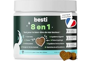 BESTI - 8 en 1 | 75 Compléments Alimentaires Premium Multi-VIT pour Chiens | Vitalité, Probiotiques, Articulations, Pelage, Coeur, Cerveau | Marque Française - Formule Vétérinaire | Au Poulet | 300gr