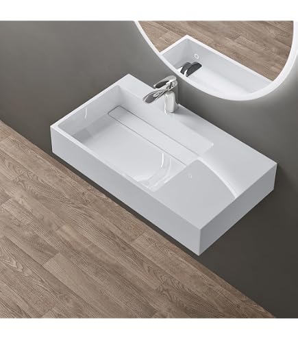 Lavabo Da Appoggio In Pietra Solida TWA85 - Bianco Opaco, Dimensioni 50x32x14 Cm, Con Foro Per Rubinetto
