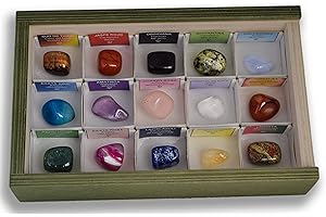 MINERALES Y FOSILES NANO Colección de 15 Gemas de Piedras Semipreciosas en Caja de Madera Natural - Minerales rodados y pulidos con Etiqueta informativa a Color. Pack de rodados para Reiki, meditación, coleccionismo.