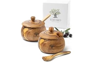 SOLTAKO Portaspezie con cucchiai in legno d'ulivo, zuccheriera e saliera, Contenitori da cucina, condimento, barattolo per spezie Ø 10 cm