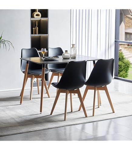 Set van een vierkante tafel 80x80 cm en 4 stoelen van grenenhout en staal Lix