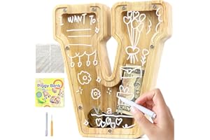 Lakpopya Huchas Originales para Niños Hucha Infantil Niña Niño de Alfabeto A-Z Hucha Personalizada Hucha de Madera Transparente con Pegatinas & Rotulador & Destornillador, Regalo para Infanti (V)