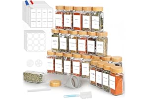 Lannvan Pot à Épices en Verre et Bois - 24 Pièces 120ml Bocaux à Épices Françaises - Boite a Epices Cuisine Rangement - avec Tamis, 246 Étiquettes, Entonnoir