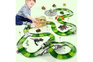 BLMUKCE Dinosaur Race Track Set for Kids Ages 3-7, Flexible Car & Train Tracks with Dinosaurs to Create Themed World, Toys Gifts for Boys Girls