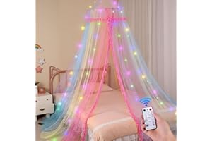 Unicorn Castle Bed Canopy for Girls with Remote Timer Breathable Net Canopy for Bed with 8 Modes LED Lights Canopy Bed Curtains for Girls Room Decor,Rainbow