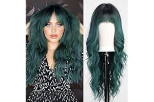 ‎EMMOR EMMOR Grüne Perücken mit Pony, lockige synthetische Damenperücke, lange hitzebeständige Perücke für den täglichen Gebrauch, natürlich und bequem