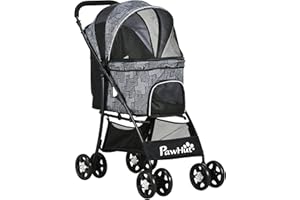 PawHut Passeggino per Animali Taglia Piccola e Mini con Cesto, Tettuccio a 4 Livelli, Cuscino e 2 Guinzagli, Passeggino per Gatti con 2 Freno in Acciaio e Tessuto Oxford, 81x48x99 cm, Nero e Grigio