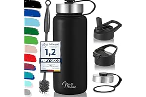 Milu Botella de Agua, 500ml, 750ml, 1000ml (+3 Tapas) - Acero Inoxidable, Libre BPA, Para Bebidas Calientes, Frías y Carbonatadas (Negro, 1l)