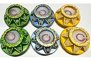 4OUR FAITH 6 Pc Matki Wax Filled Diya Set: Colorful Star Shape Handpainted Terracotta Diyas for Diwali Pooja & Decoration | Natural MITTI Dia | Unique Indian Gift for Deepawali Celebrations