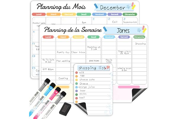 ANLIOTE Calendrier Magnétique pour Frigo, Effaçable à Sec, 3 Plannings Mensuel, Hebdomadaire et Quotidien à Coller sur le Réfrigérateur, Liste de Courses, Tableau Blanc Aimanté, 4 Marqueurs et 1 Gomme