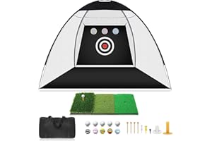 FUUNSOO Golf Practice Net 10×7×6 ft (3×2.1×1.8 m) with Tri-Turf Mat – Indoor & Outdoor Golf Hitting Net for Backyard Driving, Chipping, Swing Training – Includes Target, Balls, Tee & Carry Bag