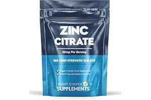 RIGHT CHOICE SUPPLEMENTS Zinc Citrate 50mg Tablets – 180 High Strength Vegan Tablets (6 Months Supply) – Highly Absorbable Zinc Supplements for Maintenance of Normal Immune System, Bones, Hair, Skin & Nails – Made in UK