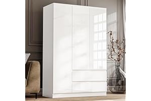 Blisswood High Gloss 3 Door Wardrobe – MDF Wooden Double Wardrobe with Hanging Rail, Shelves & Large Storage Cupboard for Bedroom Furniture (White)