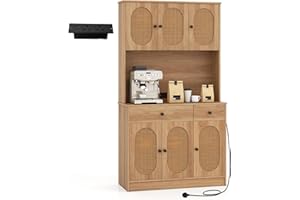 COSTWAY 180cm Tall Kitchen Cupboard, 6-Door Buffet Pantry Storage Cabinet with Built-in Power Outlet, 4 Adjustable Shelves & Anti-tipping Device, Freestanding Sideboard Organizer Unit