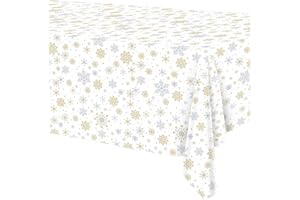 HNH 2 Tovaglie per feste Natalizie Bianco con fiocchi di neve d'oro e d'argento 274 x 137cm Tovaglie usa e getta