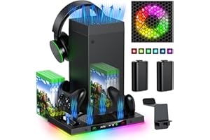 Automatischer Lüfter und Ladestation für die Xbox Series X Konsole mit 15 Lichtmodi, kabelloser Doppelladestation Zubehör, 2 wiederaufladbaren Akkus, Headset-Ständer und Aufbewahrung von Spieldiscs