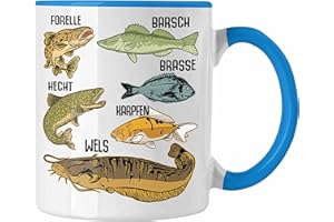 Trendation - Angler Fischer Tasse mit Fischarten Geschenk Raubfische Hobbyangler Hecht Forelle Barsch Angeln Kaffeetasse (Blau)
