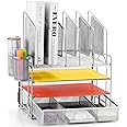 Marbrasse Desk Organiser Tray,4 Tier Paper Letter Tray Organiser with Drawer,2 Pen Holders,Mesh Desktop Organizer Storage for Home Office Supplies(Silver Vertical Stand)
