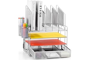 Marbrasse Organizador Escritorio,4-Tire Bandejas Oficina y 5 Soporte Vertical,2 Soportes para BolíGrafos,Bandeja Escritorio Organizador para Hogar Oficina(Plata)