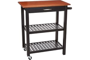 Amazon Basics - Carrello da cucina con ruote, isola multifunzione con ripiani aperti, colore ciliegio e nero