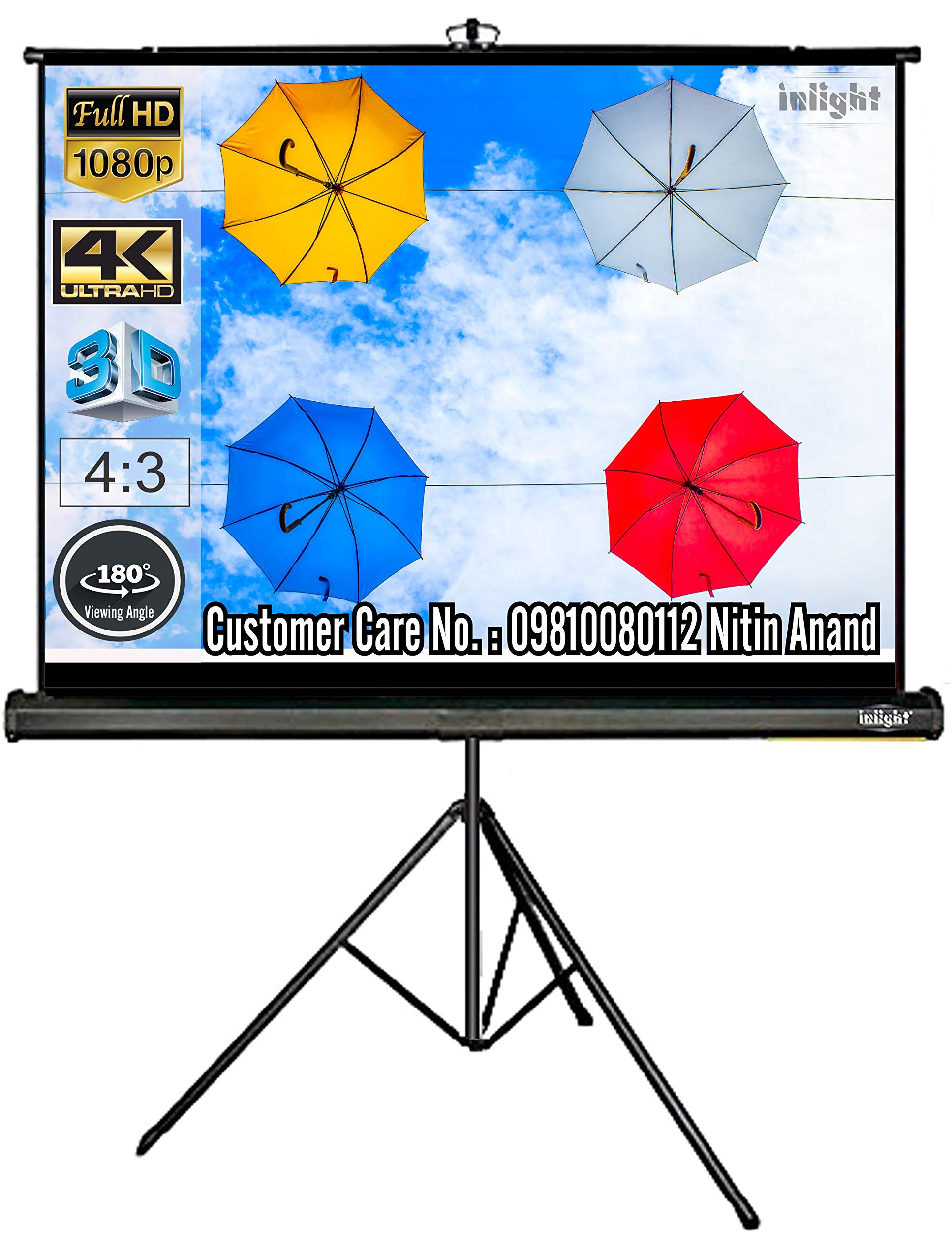 Inlight Cineview 6 Ft - Width x 4 Ft - Height Tripod Projector Screen, Supports Full HD 1080 P, UHD-3D-4K-8K Technology, 84 Inch Diagonal 4:3 Ratio, Comes with Stand(White)