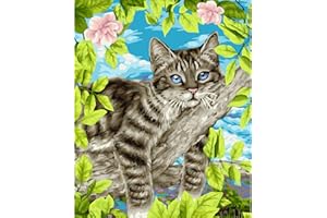 HEIBAGO Cat Paint by Numbers, Flowers Paint by Numbers for Adults Beginners, DIY Paint by Numbers on Canvas Animal Oil Painting Picture for Home Art Decor 16x20 Inch (Frameless)