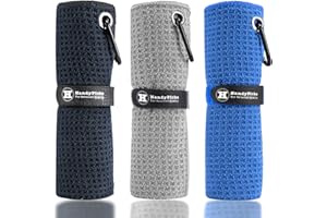 Handy Picks Toalla de Golf de Microfibra (40 x 40 cm) con Clip de mosquetón, diseño de gofre, Toalla de Golf con Cierre de Gancho y Bucle, la práctica Toalla de Limpieza de Golf (Negro/Gris/Azul)