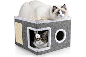 Treeboy 3-in-1 2 Layer Cat Tree House with Scratching Board & Fluffy Ball, Large Foldable Cat Cave Bed, Spacious Balcony & Cozy Condo Hideaway for Indoor Cats and Kittens, Easy Assemble Cat House