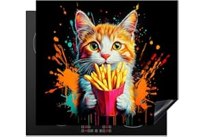 KitchenYeah© Protection Plaque Cuisson Deco Cuisine Cache Induction 60x52 cm Protège Pour Cuisiniere Protection Chat - Nourriture - Chips - Graffiti - Abstrait