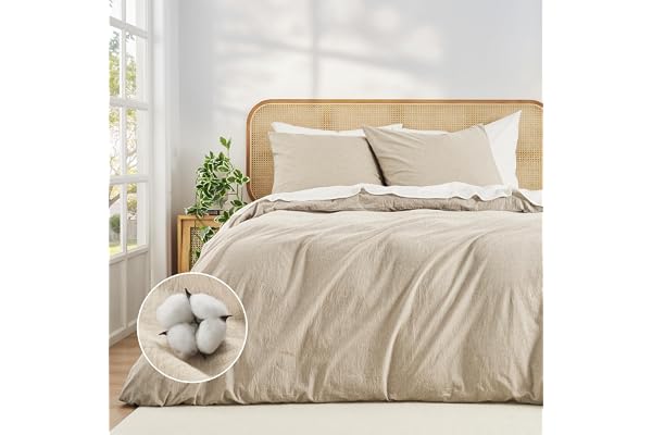 Duvetnova Sängkläder 200 x 220 bomull beige supermjuka 100 % förtvättad bomull med linnestruktur Öko-Tex sängkläder 200 x 220 högkvalitativa påslakan 200 x 220 + 2 örngott 80 x 80 med dragkedjor