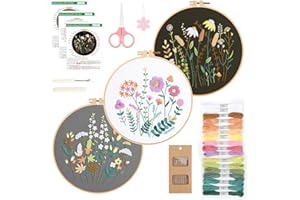 GlasFlength 3 Pièces Kit de Démarrage de Broderie, Kit De Broderie pour Débutant Fils à Broder Broderie Débutant Outil avec Cerceaux de Broderie Fils de Broderie Tissu et Outil (CX1152)