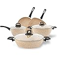VAV GET Premium Granite 8-PCS Cookware Set, Healthy, Safe, Eco-Friendly, Non-Stick, Durable. Set includes: 26cm Deep and Shallow Casseroles, 18cm Sauce, 26cm Fry and 28cm Grill Pans with Lids.